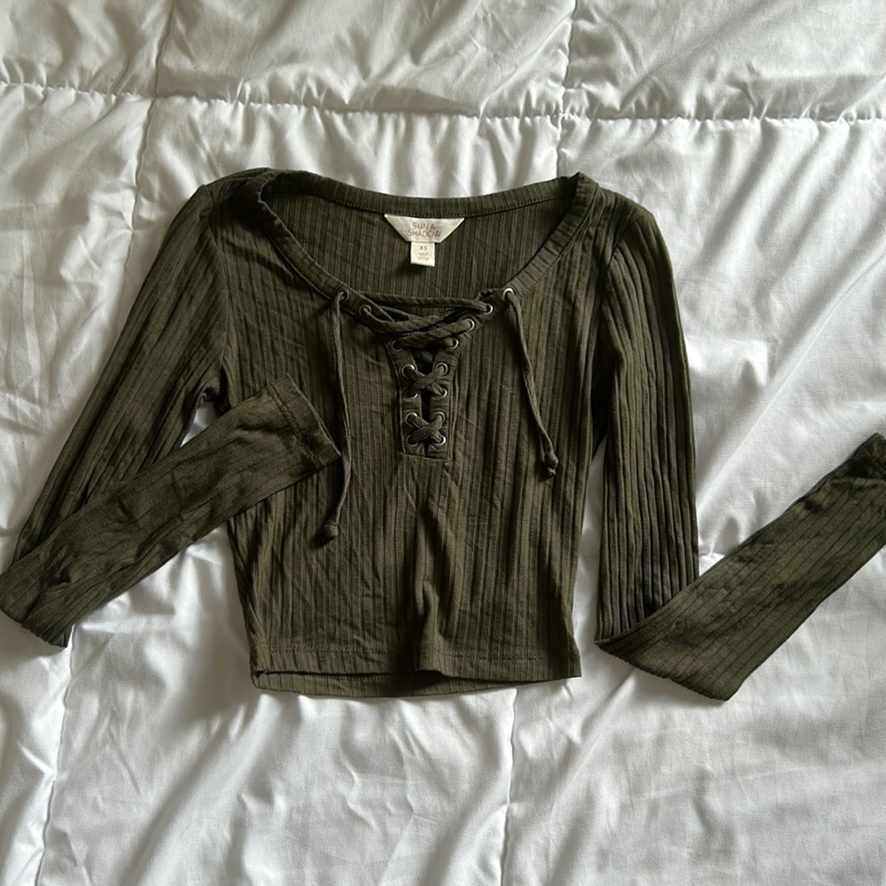 Long sleeve, dark, green, crop top lace up front, rayon and spandex